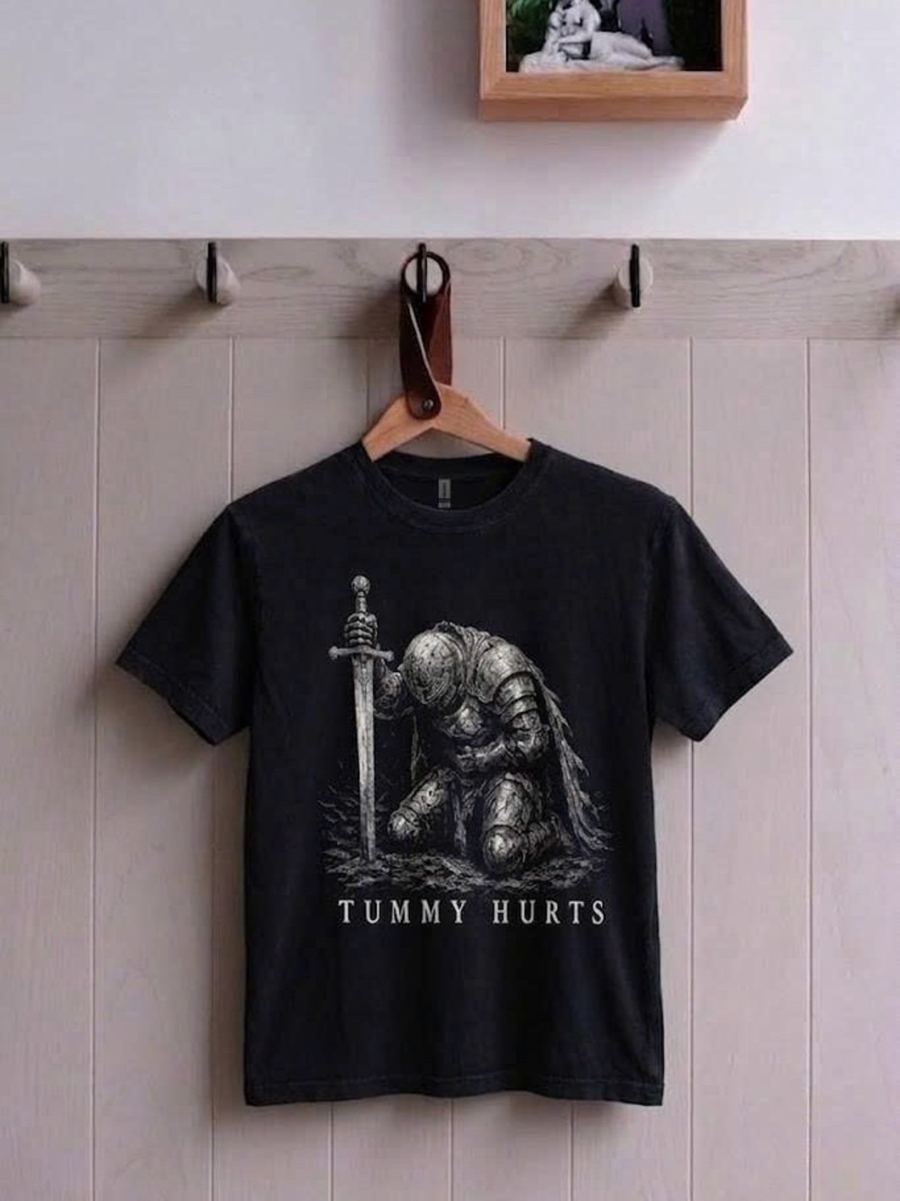 Black Graphic T-Shirt - 'Tummy Hurts' Knight Design